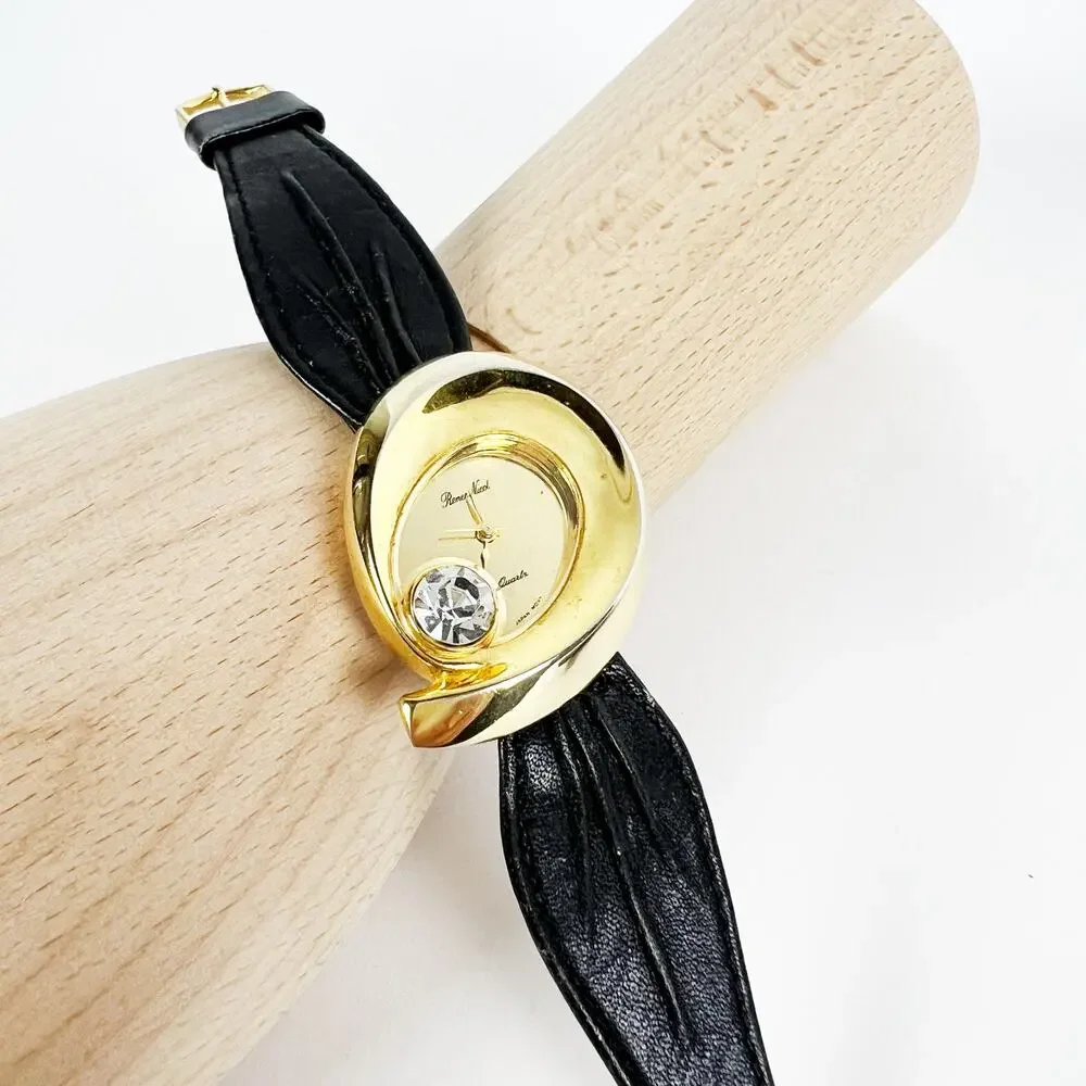 Vintage Renee Nicol quartz watch gold rhinestone diamond and black band working